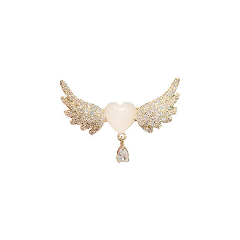 Celestial Wings: Heart & Angel Wing Brooch with Pearl Accents