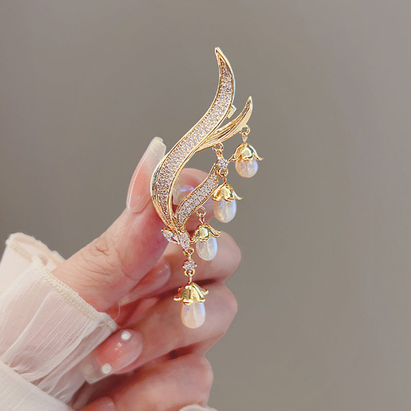 Tethered Lily: Floating Pearl & Tassel Statement Brooch