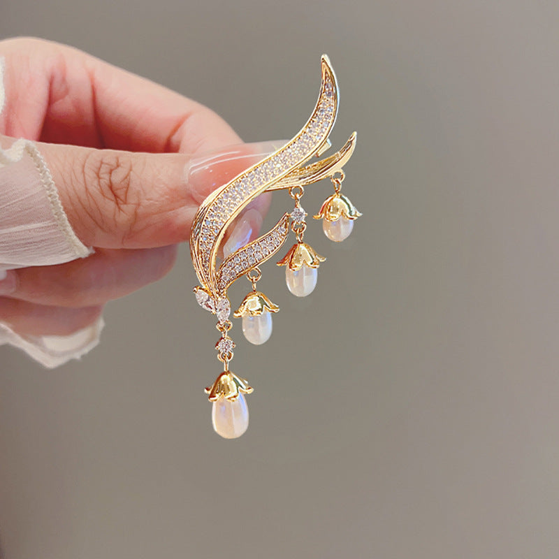 Tethered Lily: Floating Pearl & Tassel Statement Brooch
