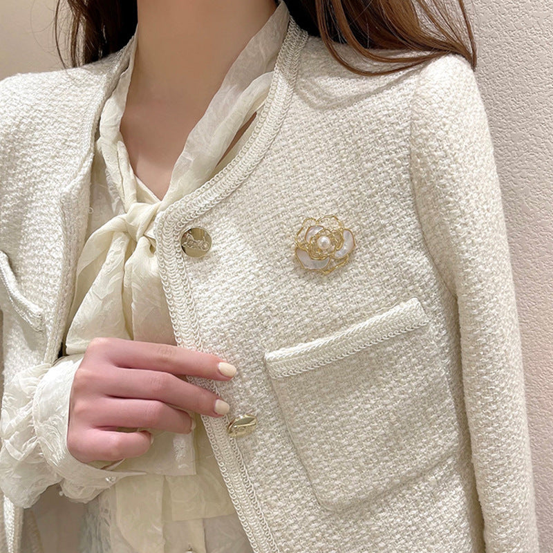 Vintage French Camellia: Lustrous Pearl & Enamel Brooch