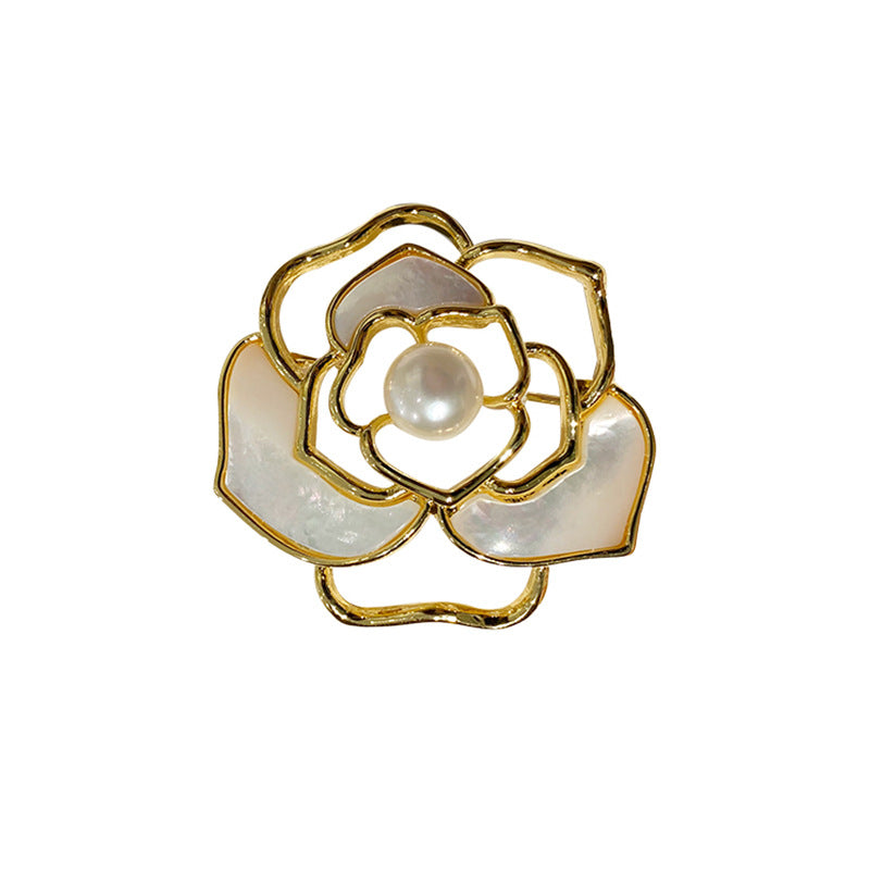 Vintage French Camellia: Lustrous Pearl & Enamel Brooch